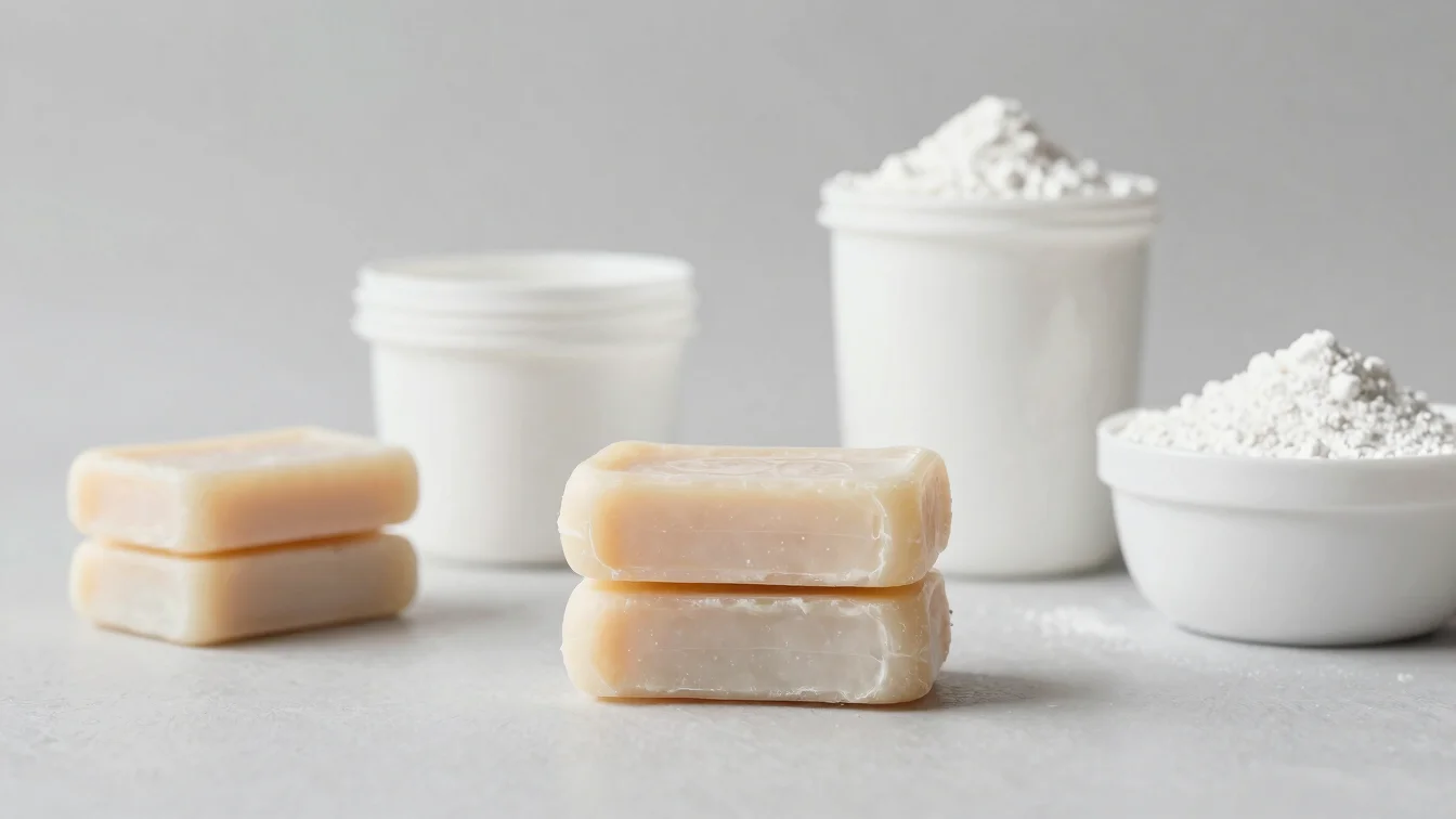 Clean studio photograph of stacked soap bars and detergent powder in neutral containers, soft diffused light, crisp whit