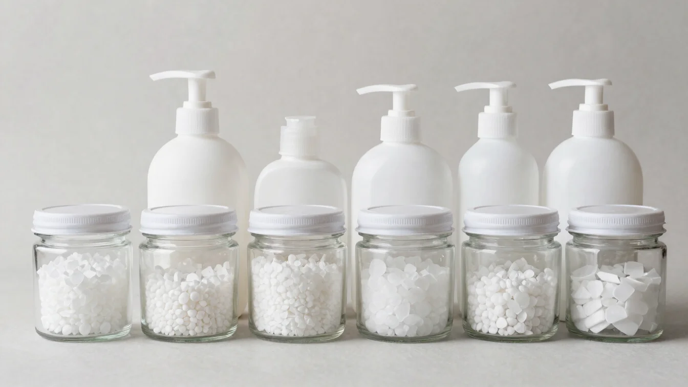 Orderly arrangement of bath salt jars and toilet preparation bottles on a pale neutral surface, soft studio light, preci