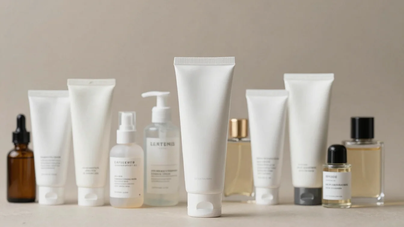 Close-focus product grouping of skin-care tubes, shaving preparation bottles, and perfume flacons, soft diffused studio