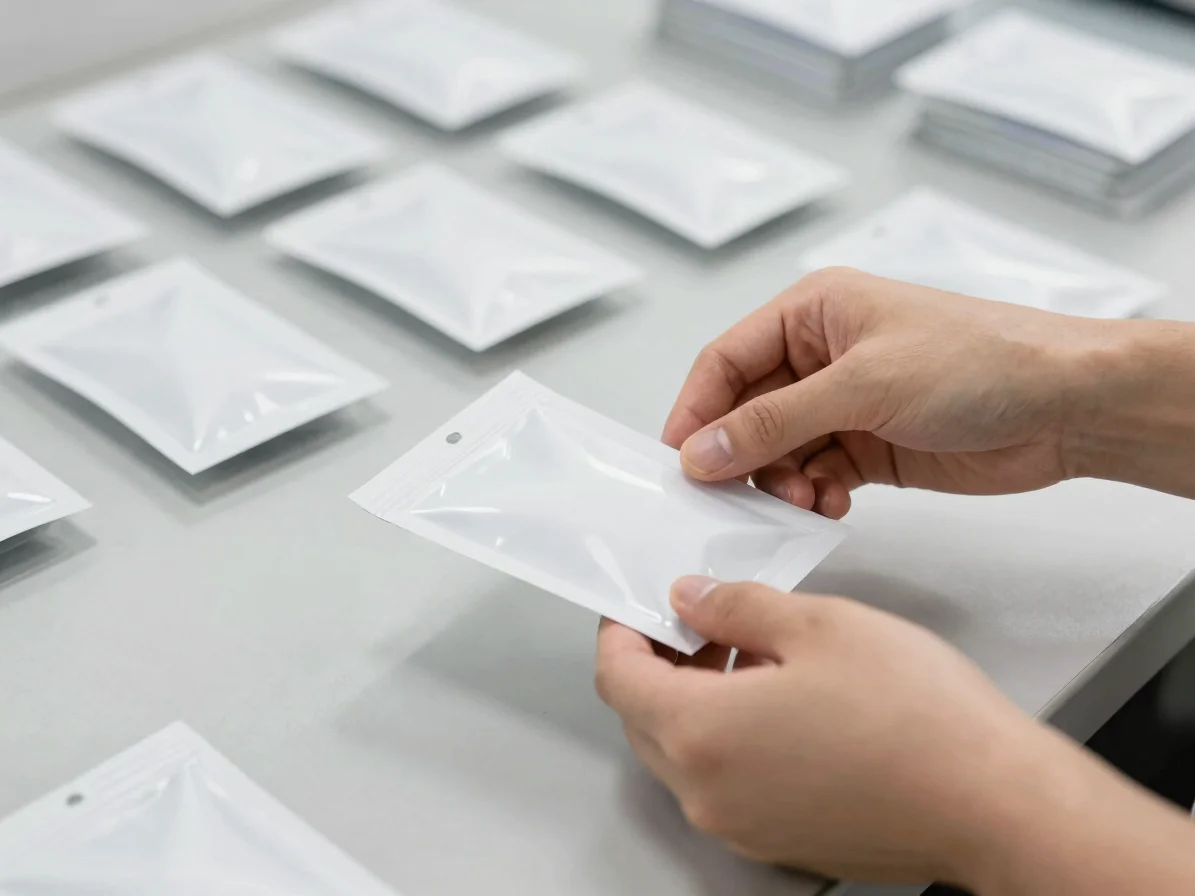 Hands measuring and handling packaging components in a clean production context, soft diffused light, neutral surfaces,