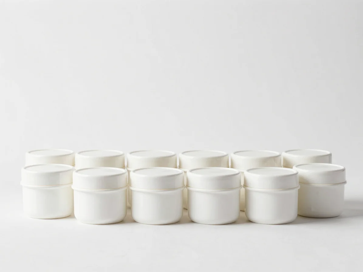 Wider studio view of uniform product containers arranged for comparison, clean white background, soft even lighting