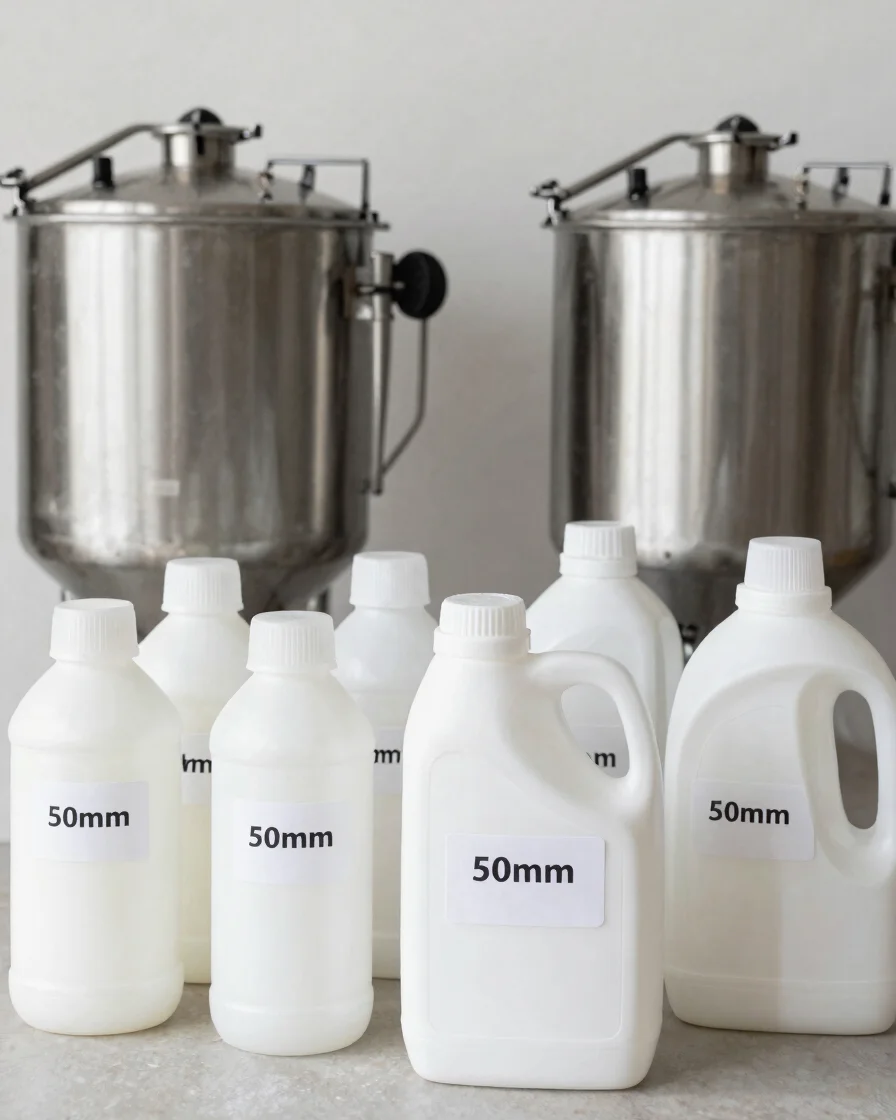 Clean editorial product photography of orderly stainless mixing vessels and neatly labelled soap and detergent container