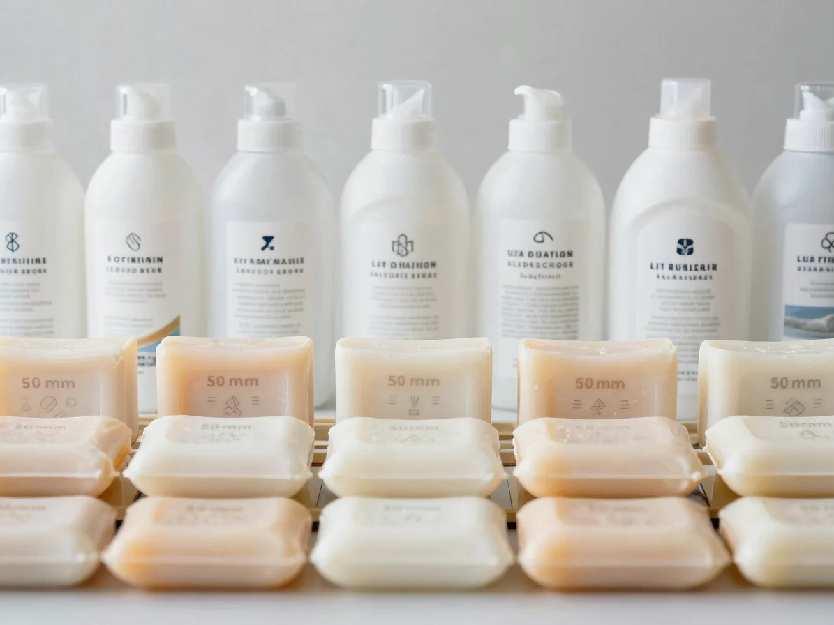 Clean editorial product photography of orderly rows of soap bars and labeled detergent bottles on a neutral surface, sof