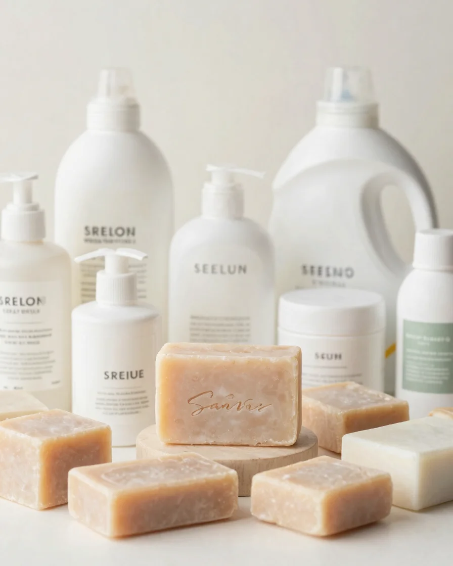 Close-focus studio photograph of orderly rows of soap bars, detergent containers, and toiletry bottles on a restrained o